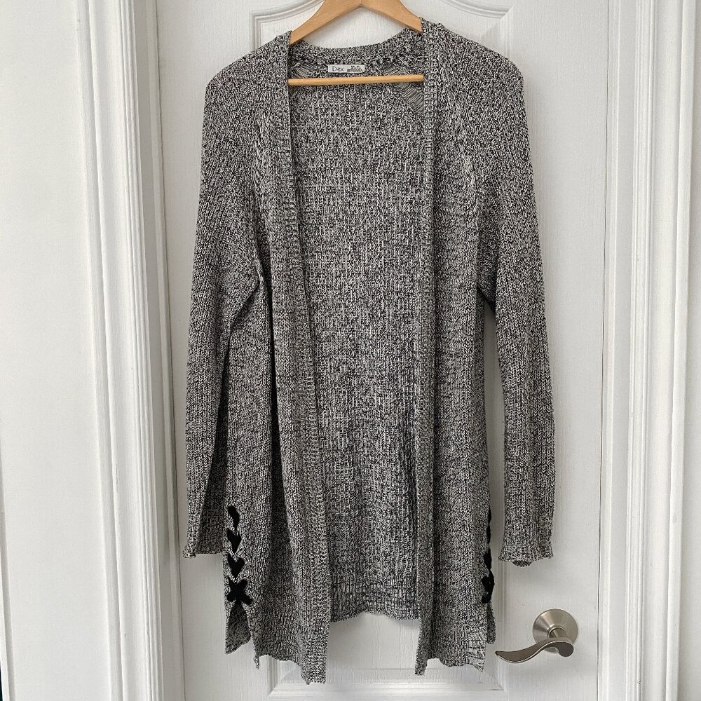 Dex Knit Cardigan Sweater Grey Open Front Lace Up Side Hearts Size 2X Cozy
